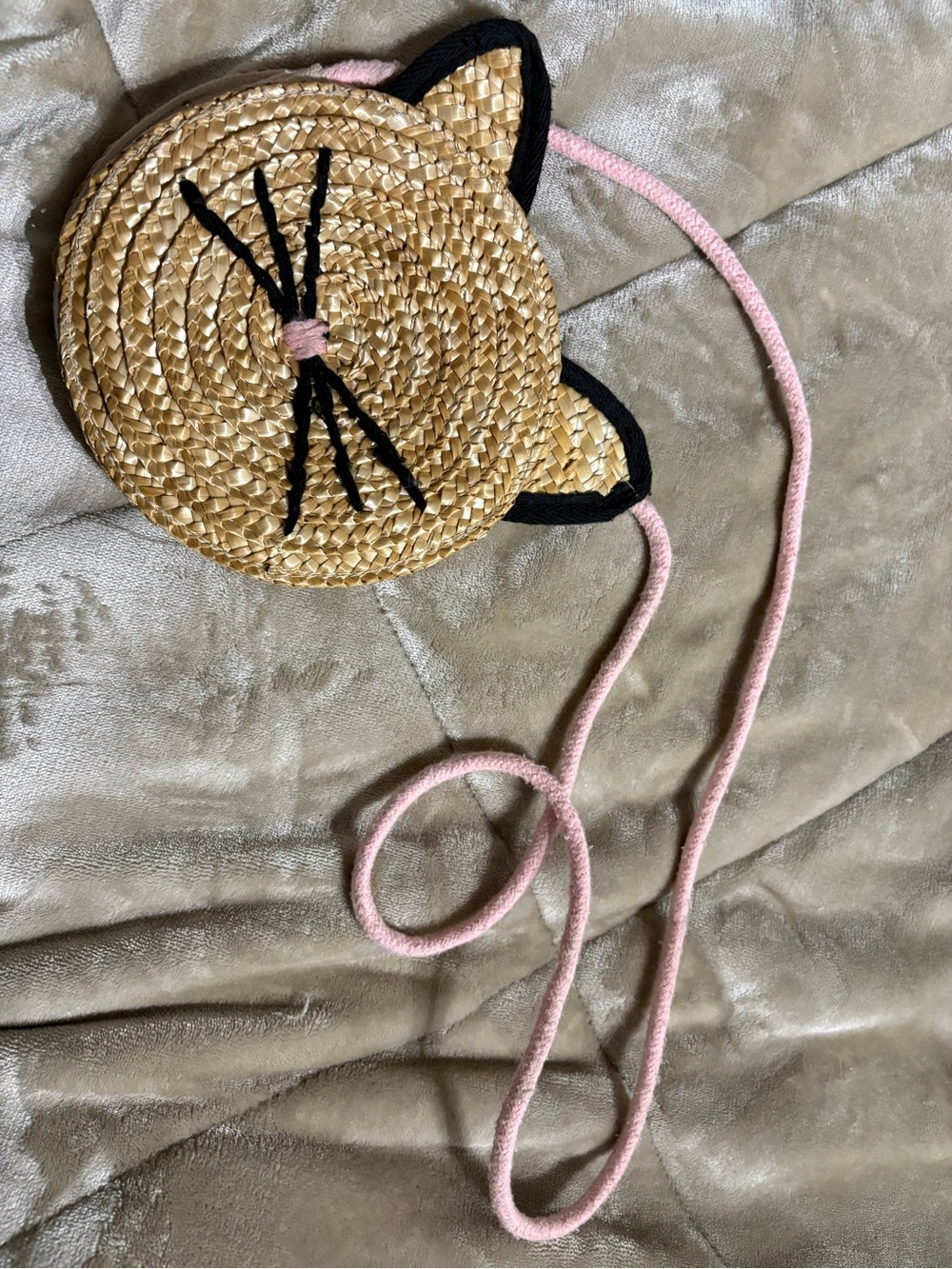 Straw Cat Face Crossbody Bag for Kids - Pink Strap